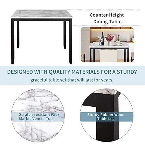 Harper & Bright Designs 5-Piece Faux Marble Top Dining Set, Counter Height Kitchen Table Set-Dining Table W/Faux Marble Top And 4 Beige High Back Upholstered Chairs W/Nailed Trim 3 Harper & Bright Designs 5-Piece Faux Marble Top Dining Set, Counter Height Kitchen Table Set-Dining Table W/Faux Marble Top And 4 Beige High Back Upholstered Chairs W/Nailed Trim - Image 3