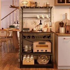 Bestier Kitchen Baker's Rack Utility Storage Shelf With Wine Rack 5 Tier Industrial Shelves Microwave Oven Stand With Hutch And Side Hooks Free Standing Kitchen Organizer Workstation, Black