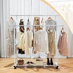 VICERII Double Clothing Rack, 55.51 Inch Garment Rack With Wheels And Bottom Shelf, 130LB Capacity Heavy Duty Rolling Clothes Racks For Hanging Clothes, Coats, Shirts, Sweaters, Skirts, White 15 VICERII Double Clothing Rack, 55.51 Inch Garment Rack With Wheels And Bottom Shelf, 130LB Capacity Heavy Duty Rolling Clothes Racks For Hanging Clothes, Coats, Shirts, Sweaters, Skirts, White -Songmics Furniture Shop 51Z5vvyjQJL