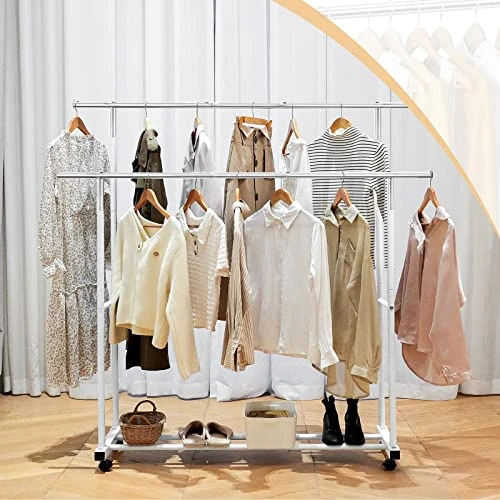 VICERII Double Clothing Rack, 55.51 Inch Garment Rack With Wheels And Bottom Shelf, 130LB Capacity Heavy Duty Rolling Clothes Racks For Hanging Clothes, Coats, Shirts, Sweaters, Skirts, White 6 VICERII Double Clothing Rack, 55.51 Inch Garment Rack With Wheels And Bottom Shelf, 130LB Capacity Heavy Duty Rolling Clothes Racks For Hanging Clothes, Coats, Shirts, Sweaters, Skirts, White - Image 6