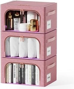 3 Pack Clothes Storage Box - Oxford Foldable Stackable Container Organizer Set For Clothing Fabric Frame Storage Bin Bags With Clear Window And Double Handles (66L, Red) -Songmics Furniture Shop 51ZCksTYhsL. AC