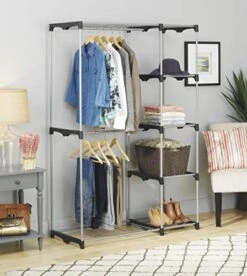 Whitmor Double Rod Freestanding Closet Organizer, Silver
