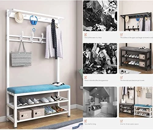 Coat Rack Freestanding With Storage Bench, Entryway 3 In 1 Hall Tree With Shoe Rack, Metal Storage Shelf With 4 Hooks For Entryway Home Office Bedroom, Easy Assembly 3 Coat Rack Freestanding With Storage Bench, Entryway 3 In 1 Hall Tree With Shoe Rack, Metal Storage Shelf With 4 Hooks For Entryway Home Office Bedroom, Easy Assembly - Image 3