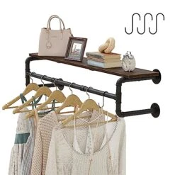 Crehomfy Industrial Pipe Clothes Rack With Top Shelf And 3 Hooks, 41''L Wall Mounted Garment Rack, Heavy Duty Iron Garment Bar, Clothes Hanging Rod Bar, 4 Base Max Load 135Lb Black