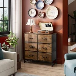 WLIVE Fabric Dresser For Bedroom, 6 Drawer Double Dresser, Storage Tower With Fabric Bins, Chest Of Drawers For Closet, Living Room, Entryway, Rustic Brown Wood Grain Print -Songmics Furniture Shop 51ZIODdRzyL