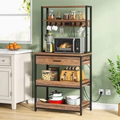 Tribesigns Kitchen Bakers Rack With Power Outlets, 5-Tier Microwave Oven Stand With Drawer And Sliding Shelves, Freestanding Coffee Bar, Kitchen Storage Shelf Organizer With 6 Hooks, Rustic Brown