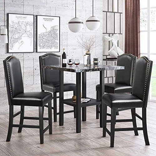 Harper & Bright Designs 5-Piece Faux Marble Top Dining Set, Counter Height Kitchen Table Set-Dining Table W/Faux Marble Top And 4 Beige High Back Upholstered Chairs W/Nailed Trim 12 Harper & Bright Designs 5-Piece Faux Marble Top Dining Set, Counter Height Kitchen Table Set-Dining Table W/Faux Marble Top And 4 Beige High Back Upholstered Chairs W/Nailed Trim - Image 12