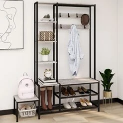 Espelism Hall Tree With Shoe Storage Bench, Coat Rack With 7 Hooks,Interchangeable 4 Tier Side Storage Shelves, Small Cute Side Bench,Industrial 5-in-1 Entryway Coat Rack For Hallway Mudroom Bedroom