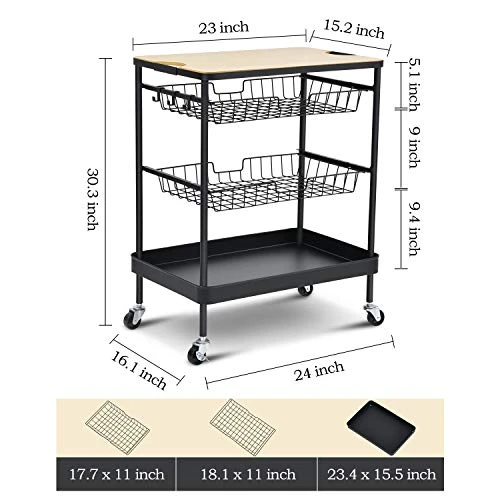 TOOLF Kitchen Island Serving Cart With Utility Wood Tabletop, 4-Tier Rolling Storage Cart With 2 Basket Drawers, Universal Lockable Casters For Home, Dining Room, Office, Restaurant, Hotel 5 TOOLF Kitchen Island Serving Cart With Utility Wood Tabletop, 4-Tier Rolling Storage Cart With 2 Basket Drawers, Universal Lockable Casters For Home, Dining Room, Office, Restaurant, Hotel - Image 5