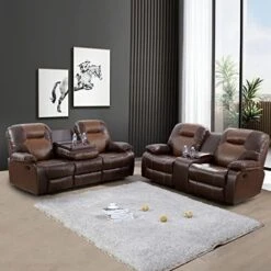 Nautery Leather Recliner Sofa,Living Room Furniture Set, Leather Sofa Set With Storage Console & Cup Holder For Office/Apartment(3 Pieces,Brown) -Songmics Furniture Shop 51ZoPW2HkKL. AC