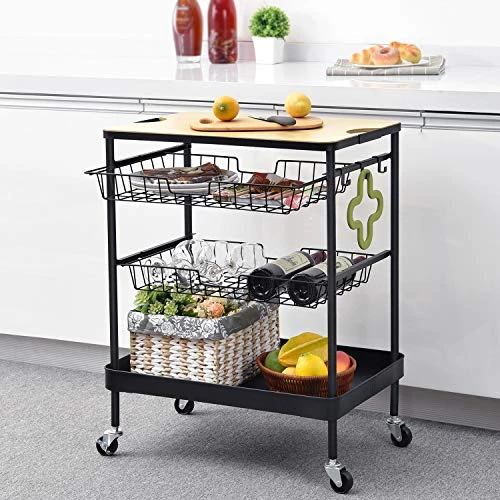 TOOLF Kitchen Island Serving Cart With Utility Wood Tabletop, 4-Tier Rolling Storage Cart With 2 Basket Drawers, Universal Lockable Casters For Home, Dining Room, Office, Restaurant, Hotel 3 TOOLF Kitchen Island Serving Cart With Utility Wood Tabletop, 4-Tier Rolling Storage Cart With 2 Basket Drawers, Universal Lockable Casters For Home, Dining Room, Office, Restaurant, Hotel - Image 3