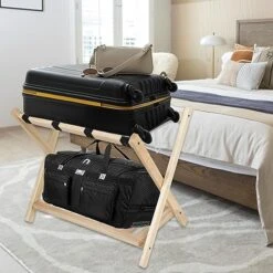 Babion Folding Luggage Racks For Guest Room With Shelf, Wooden Suitcase Stand, 2 Tier Foldable Luggage Racks With Heavy Duty Nylon Belts, Suitcase Bag Holder For Bedroom Guest Room, 2 Pack -Songmics Furniture Shop 51ZsFLSdY0L