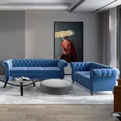 MIYZEAL 2 Pieces Living Room Sectional Sofa Set, Modern Velvet Button Tufted Chesterfield Sofa With Rolled Arm, Classic Upholstered Low Back Loveseat 3 Seater Couch For Living Room (Gray) -Songmics Furniture Shop 51ZvPGkG9zL. AC