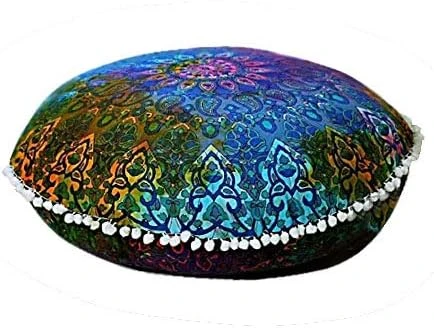 Rajasthaniartdecor Round Pouf Cover Cushion Cotton With Pom Meditetion Seating For Living Dorm Room Color Size 32 Inch Inches (Cover Only) (Blue Gold), RADC003-V, Inches(80 Cm) 12 Rajasthaniartdecor Round Pouf Cover Cushion Cotton With Pom Meditetion Seating For Living Dorm Room Color Size 32 Inch Inches (Cover Only) (Blue Gold), RADC003-V, Inches(80 Cm) - Image 12