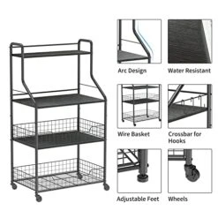 4 Tier Rolling Bakers Rack With Storage 5 S Hooks, Kitchen Rolling Utility Cart With Shelves Wire Basket, Kitchen Serving Bar Cart, Microwave Oven Stand Fruit Vegetable Spice Organizer Rack-Black 9 4 Tier Rolling Bakers Rack With Storage 5 S Hooks, Kitchen Rolling Utility Cart With Shelves Wire Basket, Kitchen Serving Bar Cart, Microwave Oven Stand Fruit Vegetable Spice Organizer Rack-Black -Songmics Furniture Shop 51aG7rHRJ2L