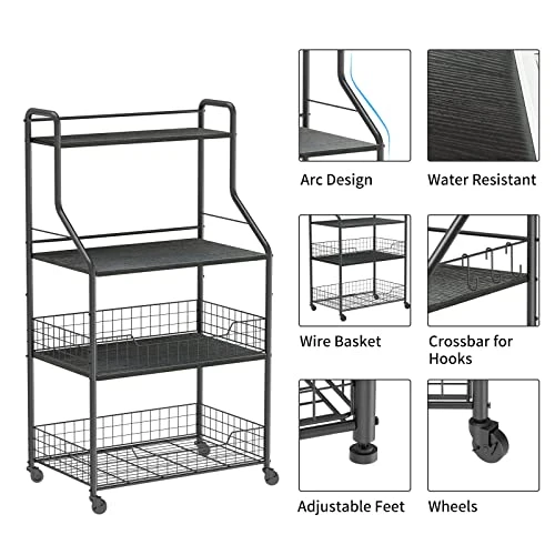 4 Tier Rolling Bakers Rack With Storage 5 S Hooks, Kitchen Rolling Utility Cart With Shelves Wire Basket, Kitchen Serving Bar Cart, Microwave Oven Stand Fruit Vegetable Spice Organizer Rack-Black 5 4 Tier Rolling Bakers Rack With Storage 5 S Hooks, Kitchen Rolling Utility Cart With Shelves Wire Basket, Kitchen Serving Bar Cart, Microwave Oven Stand Fruit Vegetable Spice Organizer Rack-Black - Image 5