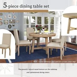 P PURLOVE 5 Pieces Dining Table Set Round Kitchen Extendable Dining Table With 4 Upholstered Chairs For Dining Room, Chair With Nail Head Trim, Bistro Table Set, Natural Wood Wash -Songmics Furniture Shop 51aIhSl21vL