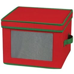 Household Essentials 536RED Holiday China Storage Chest With Lid And Handles | Dinner Plate | Red Canvas With Green Trim