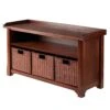 Winsome Wood MilanWood Storage Bench In Antique Walnut Finish With Storage Shelf And 3 Rattan Baskets In Antique Walnut Finish