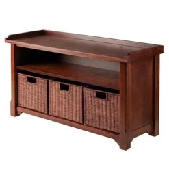 Winsome Wood MilanWood Storage Bench In Antique Walnut Finish With Storage Shelf And 3 Rattan Baskets In Antique Walnut Finish