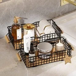Metal Wire Basket Storage, Bathroom Basket For Organizing, Bathroom Counter Organizer With Wooden Handles, Farmhouse Bathroom Decor Tray, Toilet Paper Basket Storage (Set Of 3, Black) 25 Metal Wire Basket Storage, Bathroom Basket For Organizing, Bathroom Counter Organizer With Wooden Handles, Farmhouse Bathroom Decor Tray, Toilet Paper Basket Storage (Set Of 3, Black) -Songmics Furniture Shop 51ablQf5WXL. AC