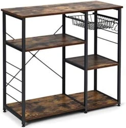 Giantex Kitchen Baker’s Rack Industrial Style Microwave Oven Stand With Wire Basket, 6 Hooks, 3 Storage Shelves, Standing Coffee Bar Table Metal Frame (Natural & White) -Songmics Furniture Shop 51aoPQniPKL. AC