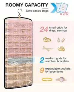 BAGSMART Hanging Jewelry Organizer, Necklace Holder Anti-tangle Earrings Rings Hanger With 20 Jewelry Bags Travel Storage Roll With Pockets Hang On Closet, Wall, Door,1 Piece, Large, Black -Songmics Furniture Shop 51aooRgmsXL