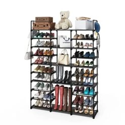 Plzlove 10 Tiers Shoe Rack Organizer For Closet & Entryway, Tall Metal Shoe Shelf Storage 54-62 Pairs, Extra Large Shoe Stand Black Stackable Boot Rack For Garage, Bedroom, Cloakroom With Hooks