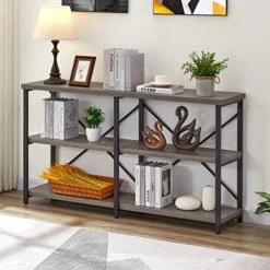 BON AUGURE Rustic Console Table Behind Sofa, Industrial Entryway Table With Storage Shelves, 3 Tier Long Bookshelf For Entry (55 Inch, Dark Grey Oak) -Songmics Furniture Shop 51atHKgAtFL