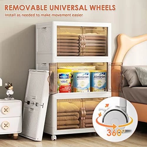 FODISU Stackable Storage Bins With Doors Collapsible Organizers And Storage, 19 Gallon Plastic Storage Bins, 3 Pack Folding Storage Cabinet, Clear Storage Containers With Wheels For Closet Organizer 3 FODISU Stackable Storage Bins With Doors Collapsible Organizers And Storage, 19 Gallon Plastic Storage Bins, 3 Pack Folding Storage Cabinet, Clear Storage Containers With Wheels For Closet Organizer - Image 3