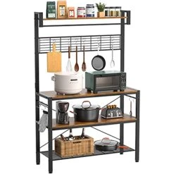Bakers Rack For Kitchen With Storage, 4-Tier Microwave Oven Stand, Coffee Bar Station With 10 Hooks, Large Kitchen Storage Shelf With Hutch, Rustic Brown