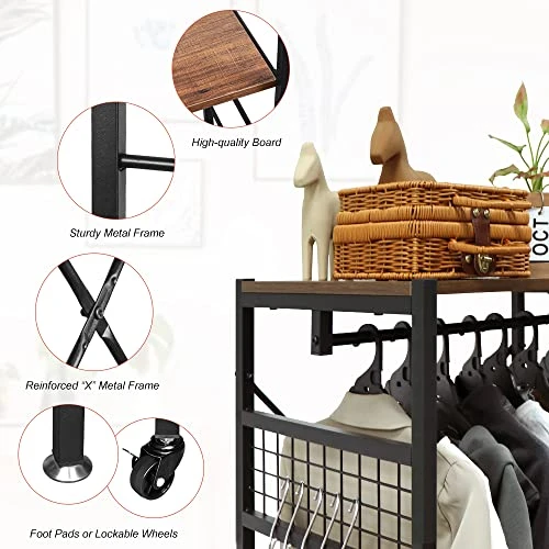 KELIXU Freestanding Coat Rack With Shoe Storage, Industrial Hall Tree Entryway Closet Organizer Shelf And Hooks, Closet Garments Shelf On Wheels For Hallway, Bedroom(Rustic Brown) 2 KELIXU Freestanding Coat Rack With Shoe Storage, Industrial Hall Tree Entryway Closet Organizer Shelf And Hooks, Closet Garments Shelf On Wheels For Hallway, Bedroom(Rustic Brown) - Image 2
