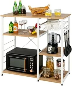 Giantex Kitchen Baker’s Rack Industrial Style Microwave Oven Stand With Wire Basket, 6 Hooks, 3 Storage Shelves, Standing Coffee Bar Table Metal Frame (Natural & White) -Songmics Furniture Shop 51bLgWD54gL. AC