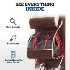 ZOBER Purse Organizer For Closet - Over The Door Purse Organizer W/ 6 Pockets For Easy Purse Storage - Durable Metal Hooks - Purse Rack W/Clear Pockets - Java (2 Pack) -Songmics Furniture Shop 51bLqh4mZrL
