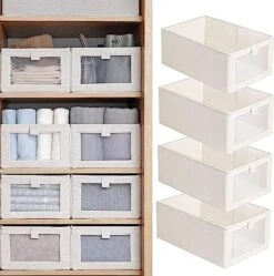 BDZBREN 4Pack Linen Storage Bins,Storage Containers For Organizing Clothing, Jeans, Toys, Shelves, Closet, Wardrobe - Closet Organizers And Storage,Foldable Large Storage Boxes Baskets With Window
