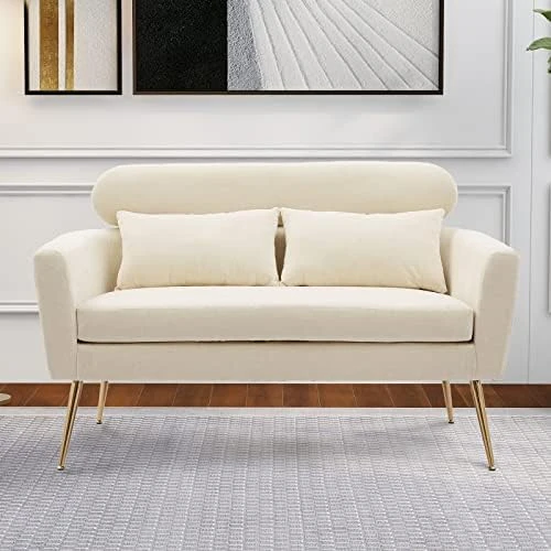 Betoko 51‘’ Loveseat Sofa Small Couch Two Seat Mid Century Modern Sofa With 2 Throw Pillows And Gold Metal Legs For Small Space Office Studio Apartments Bedroom,Ivory 14 Betoko 51‘’ Loveseat Sofa Small Couch Two Seat Mid Century Modern Sofa With 2 Throw Pillows And Gold Metal Legs For Small Space Office Studio Apartments Bedroom,Ivory - Image 14