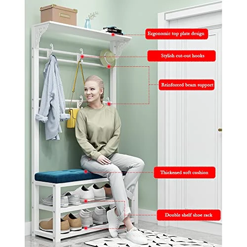 4-in-1 Hall Tree Coat Rack Shoe Bench Hall Tree With Storage Bench Modern Hall Tree With Storage Bench Hall Tree With Bench And Shoe Storage Entryway Hall Tree With Coat Rack (31 In, White + Blue) 5 4-in-1 Hall Tree Coat Rack Shoe Bench Hall Tree With Storage Bench Modern Hall Tree With Storage Bench Hall Tree With Bench And Shoe Storage Entryway Hall Tree With Coat Rack (31 In, White + Blue) - Image 5