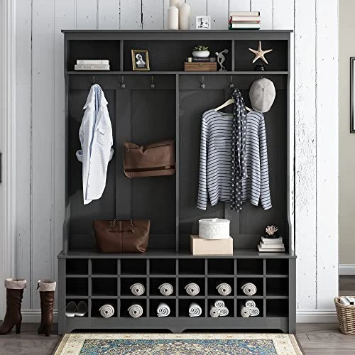 Wide Hall Tree And Shoe Storage Bench With 24 Shoe Cubbies Wooden Coat Rack With 6 Double Hooks For Mudroom Organization Entryway Black 1 Wide Hall Tree And Shoe Storage Bench With 24 Shoe Cubbies Wooden Coat Rack With 6 Double Hooks For Mudroom Organization Entryway Black