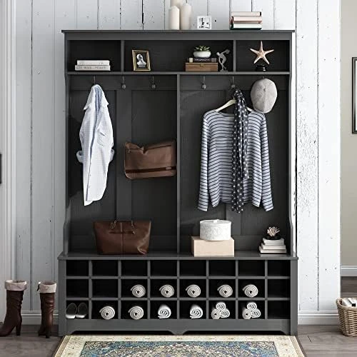 Wide Hall Tree And Shoe Storage Bench With 24 Shoe Cubbies Wooden Coat Rack With 6 Double Hooks For Mudroom Organization Entryway Black 6 Wide Hall Tree And Shoe Storage Bench With 24 Shoe Cubbies Wooden Coat Rack With 6 Double Hooks For Mudroom Organization Entryway Black - Image 6