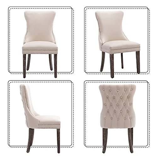 KCC Velvet Dining Chairs Set Of 4, Tufted Upholstered Wingback High-end Dining Kitchen Chair With Nailhead Solid Wood Legs, Contemporary Nikki Collection Modern Style, Beige 4 KCC Velvet Dining Chairs Set Of 4, Tufted Upholstered Wingback High-end Dining Kitchen Chair With Nailhead Solid Wood Legs, Contemporary Nikki Collection Modern Style, Beige - Image 4