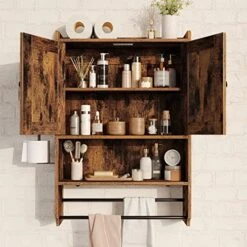 Rolanstar Bathroom Cabinet Wall Mounted With 2 Doors, Medicine Cabinet With Large Space, 4-Tier Over The Toilet Space Saver Storage Cabinet With Toilet Paper Holder And 2 Towels Bar, Rustic Brown -Songmics Furniture Shop 51c5tx4kYuL