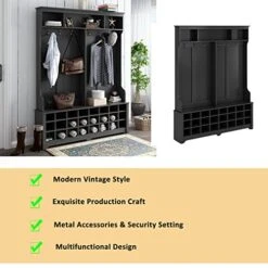 Wide Hall Tree And Shoe Storage Bench With 24 Shoe Cubbies Wooden Coat Rack With 6 Double Hooks For Mudroom Organization Entryway Black 9 Wide Hall Tree And Shoe Storage Bench With 24 Shoe Cubbies Wooden Coat Rack With 6 Double Hooks For Mudroom Organization Entryway Black -Songmics Furniture Shop 51c914NEEnL