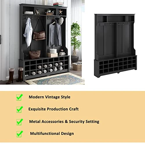Wide Hall Tree And Shoe Storage Bench With 24 Shoe Cubbies Wooden Coat Rack With 6 Double Hooks For Mudroom Organization Entryway Black 3 Wide Hall Tree And Shoe Storage Bench With 24 Shoe Cubbies Wooden Coat Rack With 6 Double Hooks For Mudroom Organization Entryway Black - Image 3