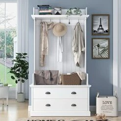 Vintage Style 38.5" Wide Hallway Coat Rack With 5 Metal Hooks And 2 Large Drawers Hall Tree, Metal Drawer Handles Entryway Bench Coat Hanger, White(Old SKU: WF286982AAK)
