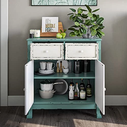 BELLEZE Rustic 32 Inch Wood Entryway Sideboard Cabinet, Antique Farmhouse Vintage Traditional Accent Storage Chest, Two Tone Living Room Decor - Abbey (Sea Foam Green) 2 BELLEZE Rustic 32 Inch Wood Entryway Sideboard Cabinet, Antique Farmhouse Vintage Traditional Accent Storage Chest, Two Tone Living Room Decor - Abbey (Sea Foam Green) - Image 2