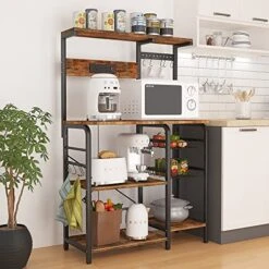 YILFANA Kitchen Bakers Rack With Power Outlet, Bakers Racks For Kitchen With Storage, Microwave Stand With Storage, Kitchen Rack And Shelves With 2 Wire Baskets, 10 S-Hooks, Kitchen Storage Shelves