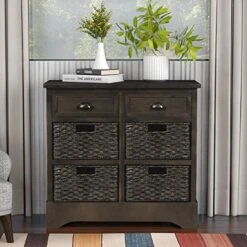Merax Brown Morden Farmhouse Wood Storage Cabinet With Four Classic Rattan Basket Buffet Sideboard Brownrd For Kitchen/Dining Entryway/Living Room Light Grey, One