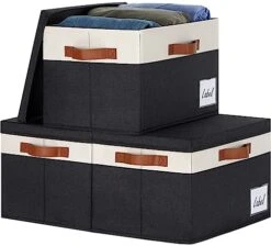 GhvyenntteS Large Storage Bins With Lids (3-Pack) Large Closet Storage Bins With Lid And 3 PU Handles, Foldable Fabric Storage Boxes With Label Window For Home Bedroom Office (Black, 15" X 11" X 9.7")