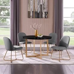 Morden Fort 5 Piece Round Dining Table With Dining Chair Set, Modern Luxaury Velvet Upholstered Dining Table Set With 4 Hexagonal Chair For Dining Room, Restaurant - Beige -Songmics Furniture Shop 51cnTH1KHSL. AC