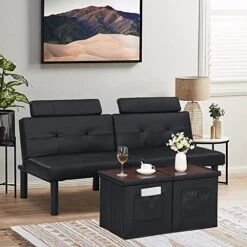 N/A NA BINGTOO Futon Sofa Bed Couch And Sleeper- Convertible Futon Sofa Bed Sleeper Couches Loveseat With Storage Footstool Ottomans And 2 Lumbar Pillows, Small, Leather(Black)